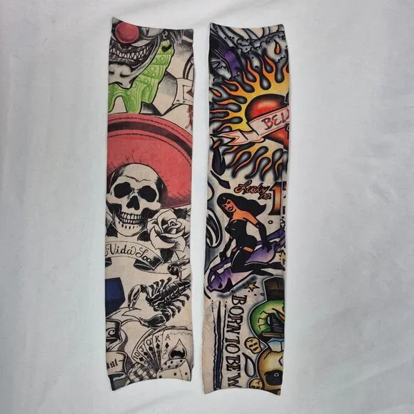 Temporary Fake Slip On Tattoo Arm/Leg Sleeves (Set of 2) Halloween Costume - Picture 1 of 2